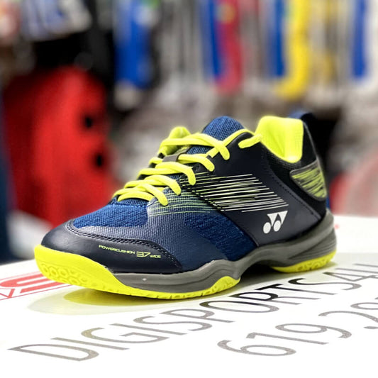 Side View - Yonex Power Cushion 37 Wide Navy/Yellow Badminton Shoes